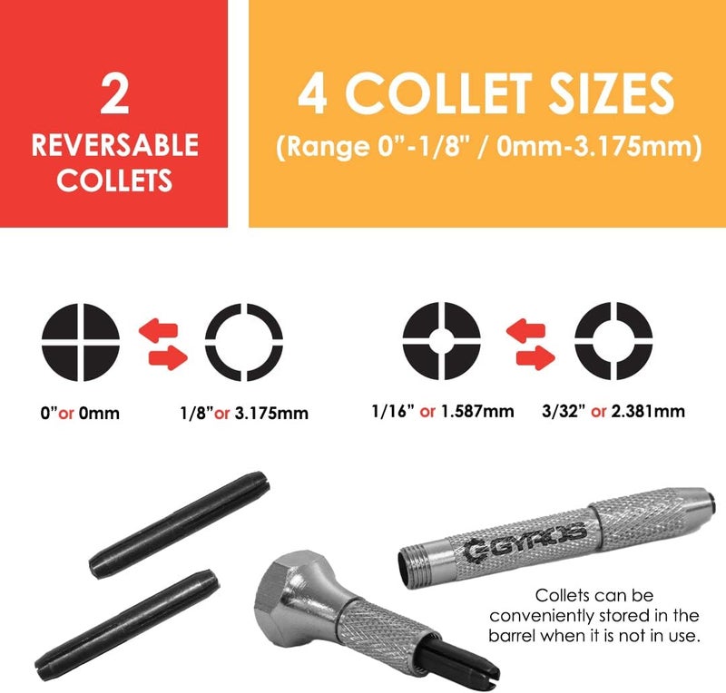 Gyros Professional Swivel Head Pin Vise Hand Drill with Anti-Slip Nickel Plated Steel Body and Two Reversible Collets for Precision Drilling - Image 3